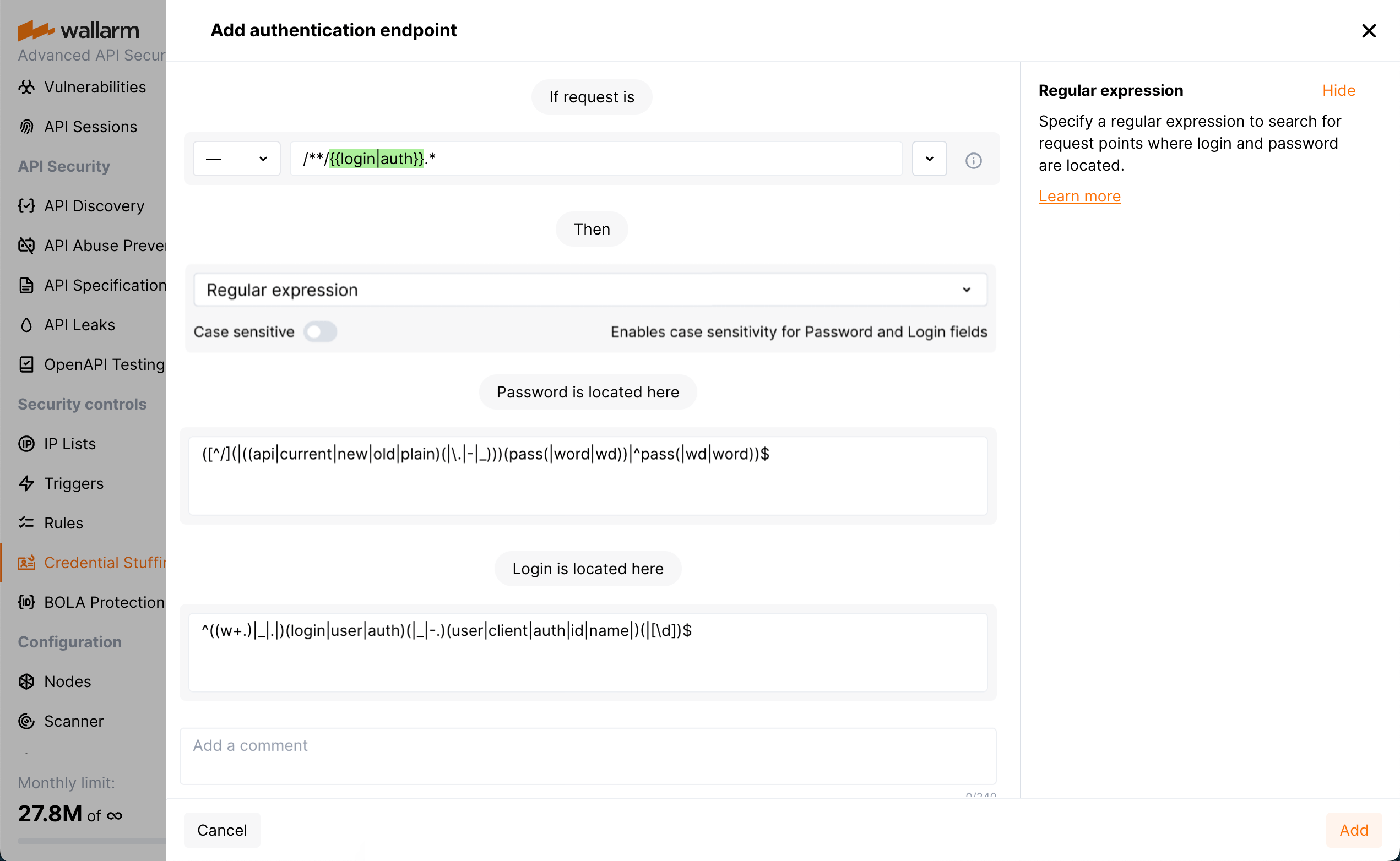 Credential Stuffing - Add authentication endpoint - Regular expression