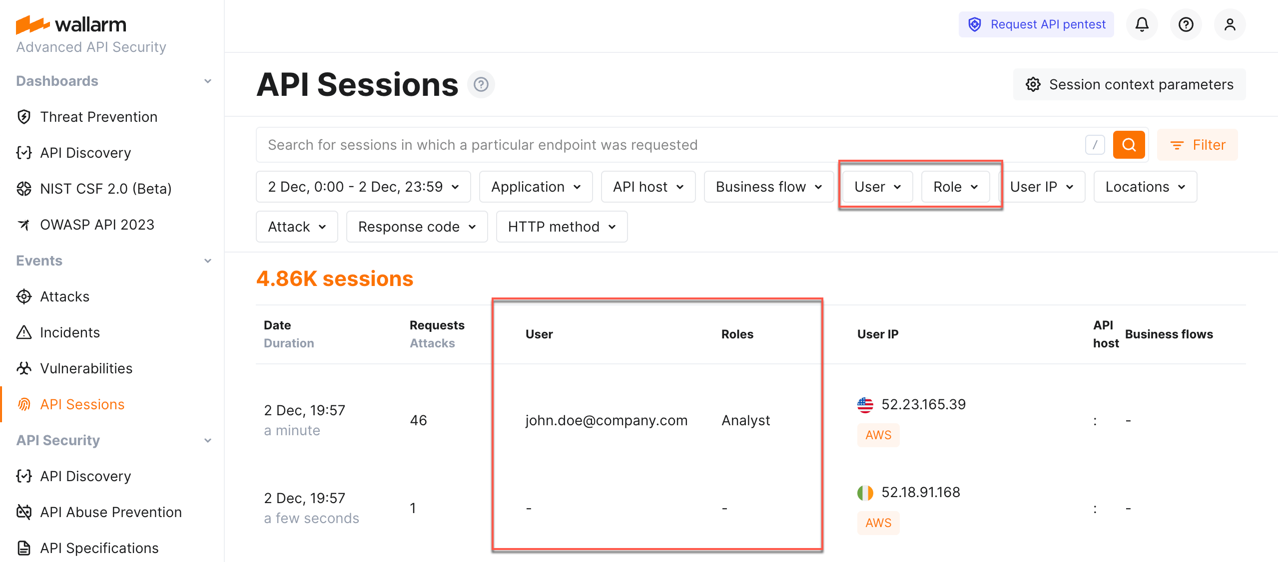 !API Sessions - user and user role display