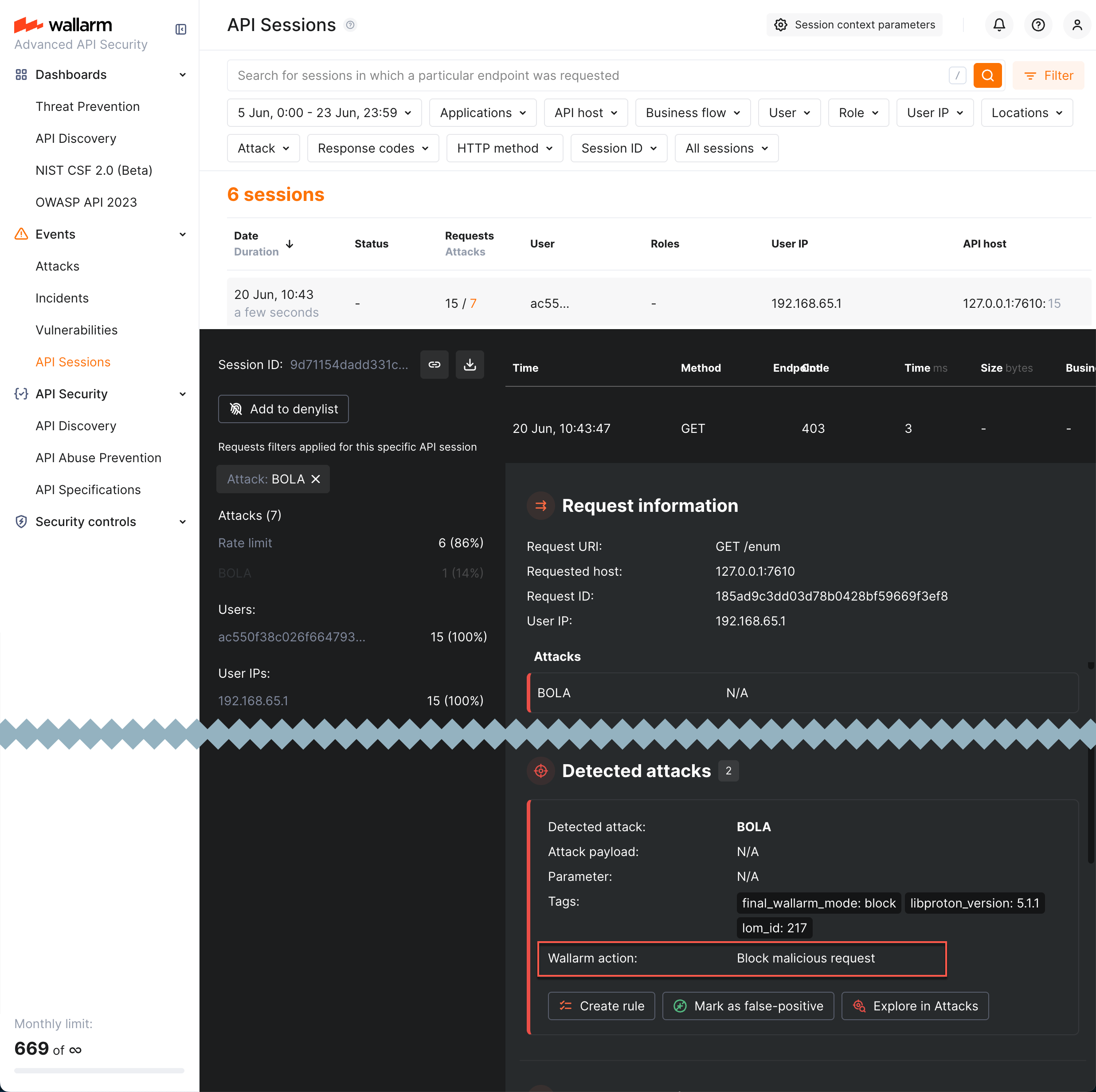 !API Sessions - Wallarm action on request from attack