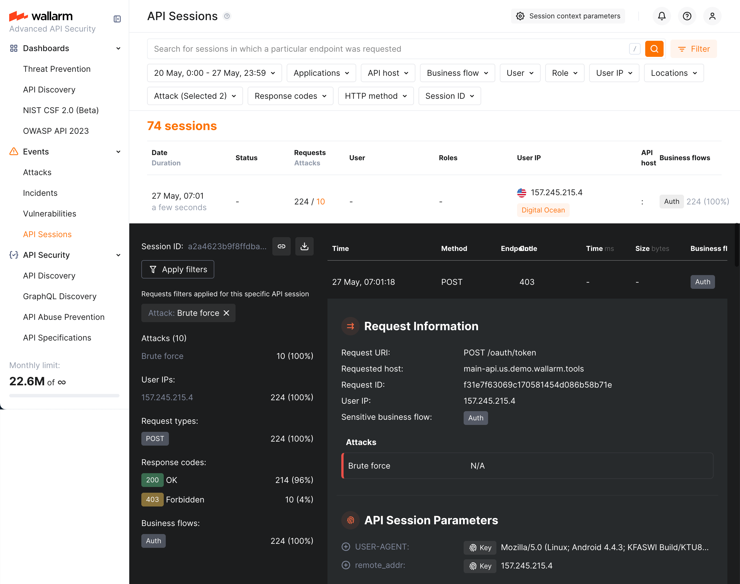 Enumeration attack (brute force) in API Sessions